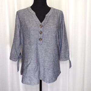 Christopher & Banks Linen Casual Top Womens Small Gray Tied Sleeves Rayon